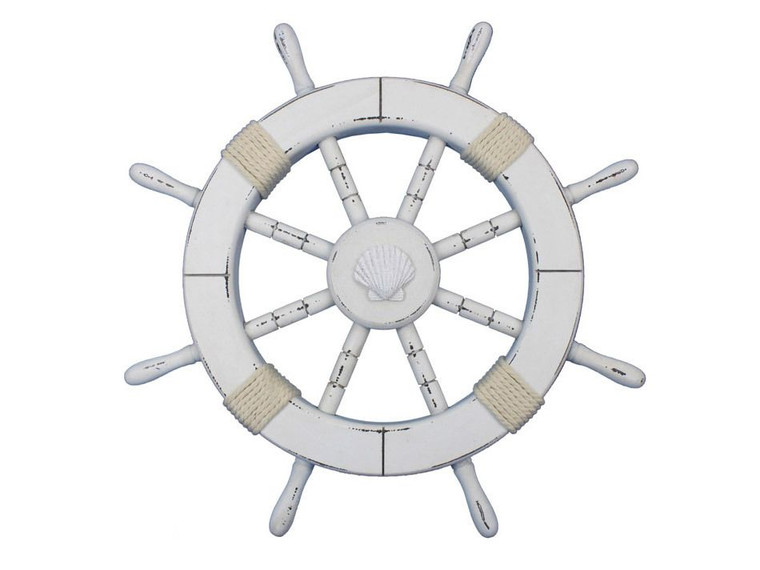 Rustic White Decorative Ship Wheel With Seashell 18" Rustic-White-SW-Seashell-18 By Wholesale Model Ships