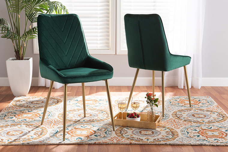 Baxton Studio Priscilla Contemporary Glam and Luxe Green Velvet Fabric Upholstered and Gold Finished Metal 2-Piece Dining Chair Set DC177-Emerald Green Velvet/Gold-DC