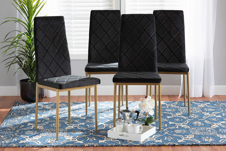 Baxton Studio Blaise Modern Luxe and Glam Black Velvet Fabric Upholstered and Gold Finished Metal 4-Piece Dining Chair Set 112157-4-Black Velvet/Gold-DC