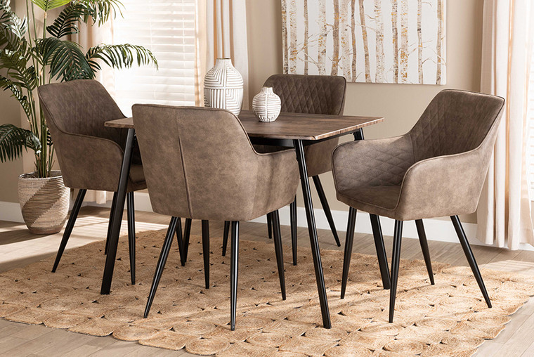 Baxton Studio Belen Modern Transitional Grey Faux Leather Effect Fabric Upholstered and Black Metal 5-Piece Dining Set DC121-Grey/Black-5PC Dining Set