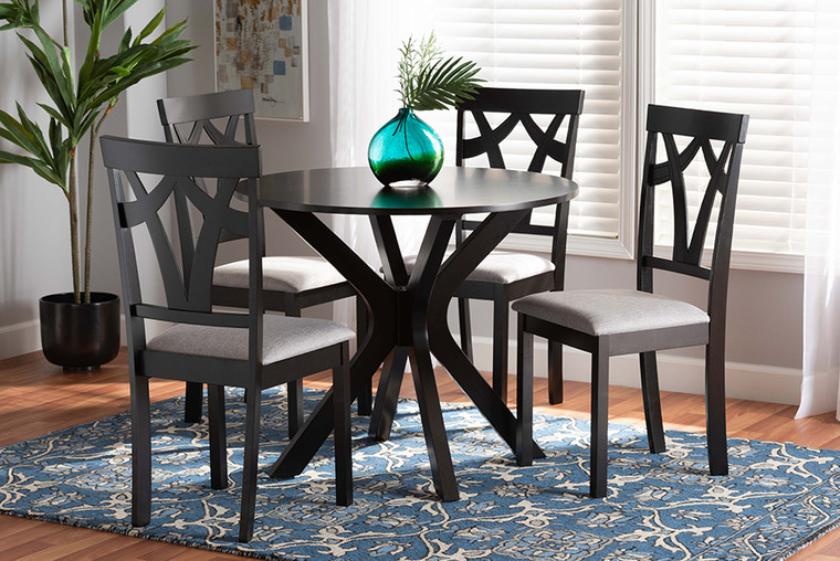 Baxton Studio Luise Modern and Contemporary Grey Fabric Upholstered and Dark Brown Finished Wood 5-Piece Dining Set Luise-Grey/Dark Brown-5PC Dining Set