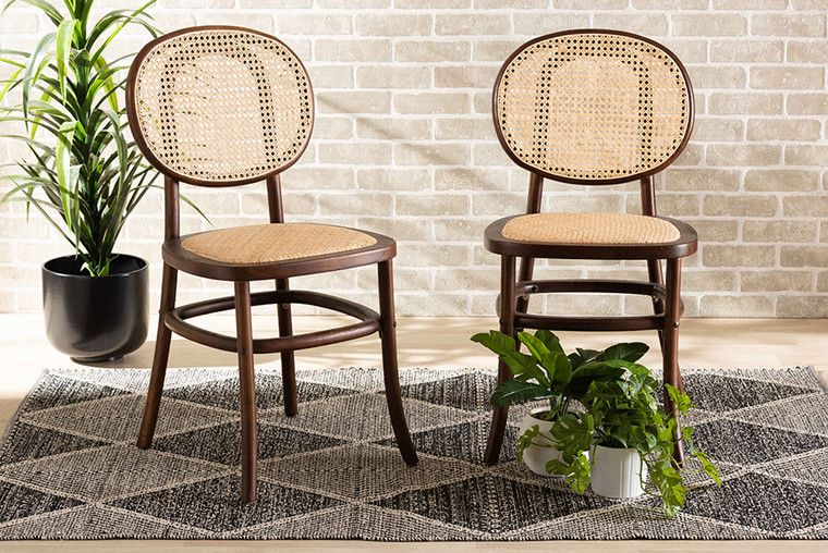 Baxton Studio Garold Mid-Century Modern Brown Woven Rattan and Walnut Brown Wood 2-Piece Cane Dining Chair Set C19-Walnut-Beechwood/Rattan-DC