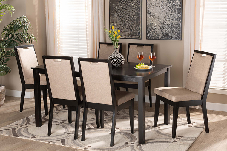 Baxton Studio Rosa Modern and Contemporary Sand Fabric Upholstered and Dark Brown Finished Wood 7-Piece Dining Set Rosa-Sand/Dark Brown-7PC Dining Set