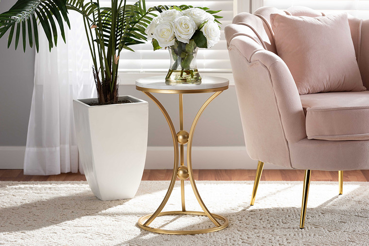 Baxton Studio Tarmon Modern and Contemporary Gold Finished Metal End Table with Marble Tabletop H01-100353-Metal/Marble Side Table