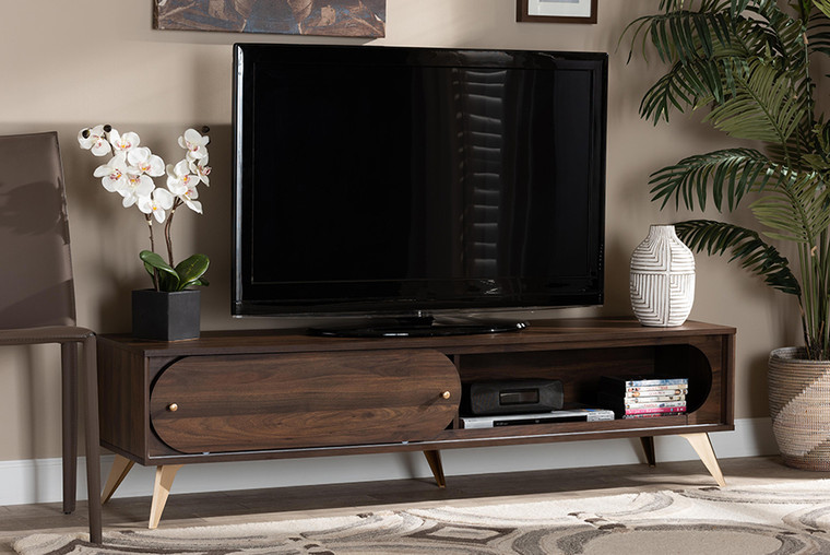 Baxton Studio Dena Mid-Century Modern Walnut Brown Wood and Gold Finished TV Stand LV12TV12120WI-Columbia-TV