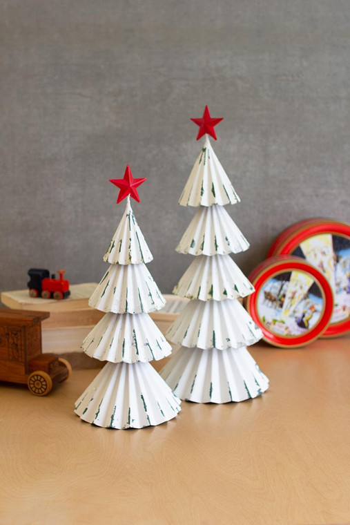 Set Of 2 White Painted Metal Christmas Trees W Red Star CMN1502 By Kalalou