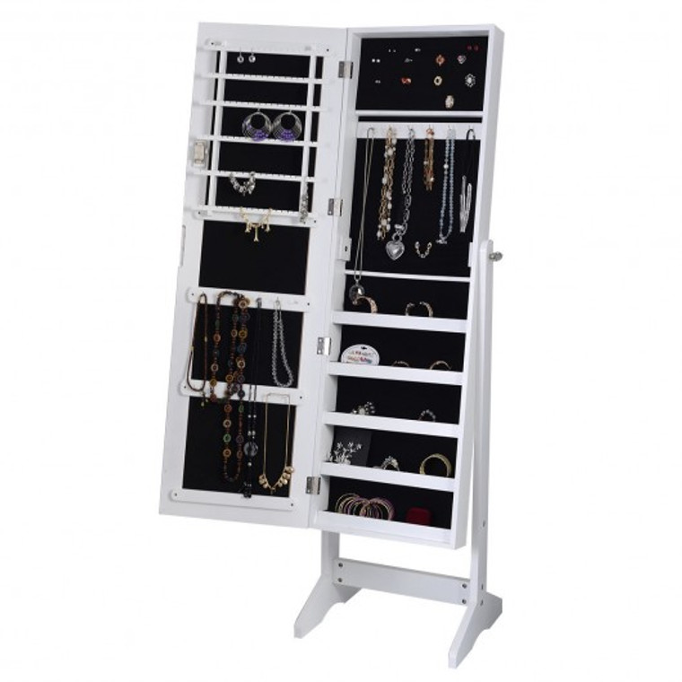 New Jewelry Cabinet Mirrored Armoire Mirror Organizer Storage Box Ring W/Stand-White HB82411WH