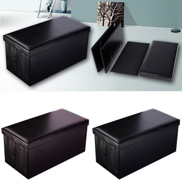 Folding Faux Leather Ottoman Pouffe Storage Seat -Black HW47613BK