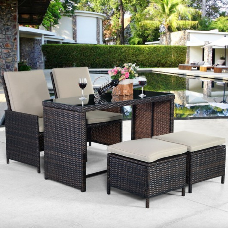 5 Pcs Brown Patio Cushioned Rattan Dining Table Chair Set HW51761DBN+