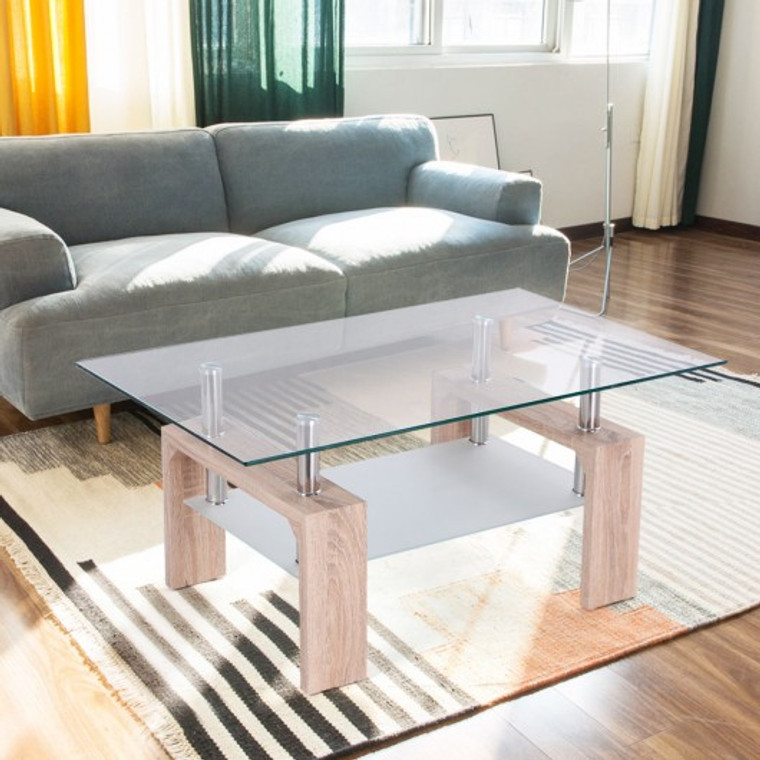 Rectangular Glass Coffee Table Shelf Wood Living Room Home Furniture-Bright Wooden HW52022+