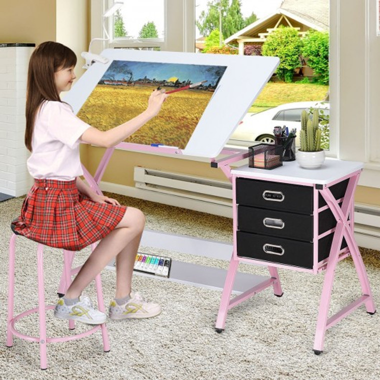 Drafting Table Art & Craft Drawing Desk Art Hobby Folding Adjustable W/ Stool-Pink HW52944PI
