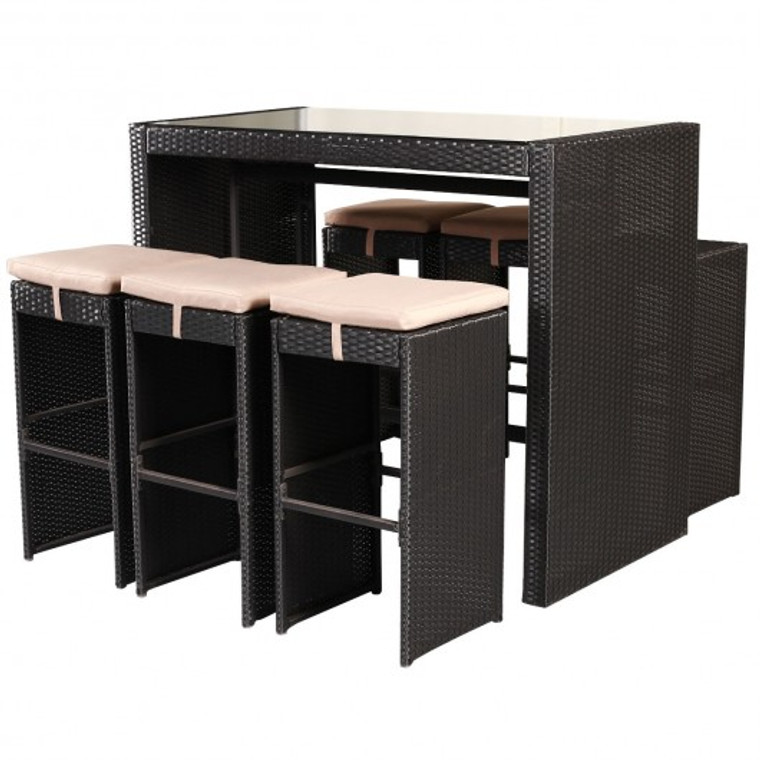7 Pcs Rattan Wicker Bar Table Stools Furniture Set HW54523+