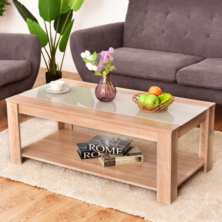 Rectangular Tempered Glass Wooden Coffee Table With Shelf HW55396