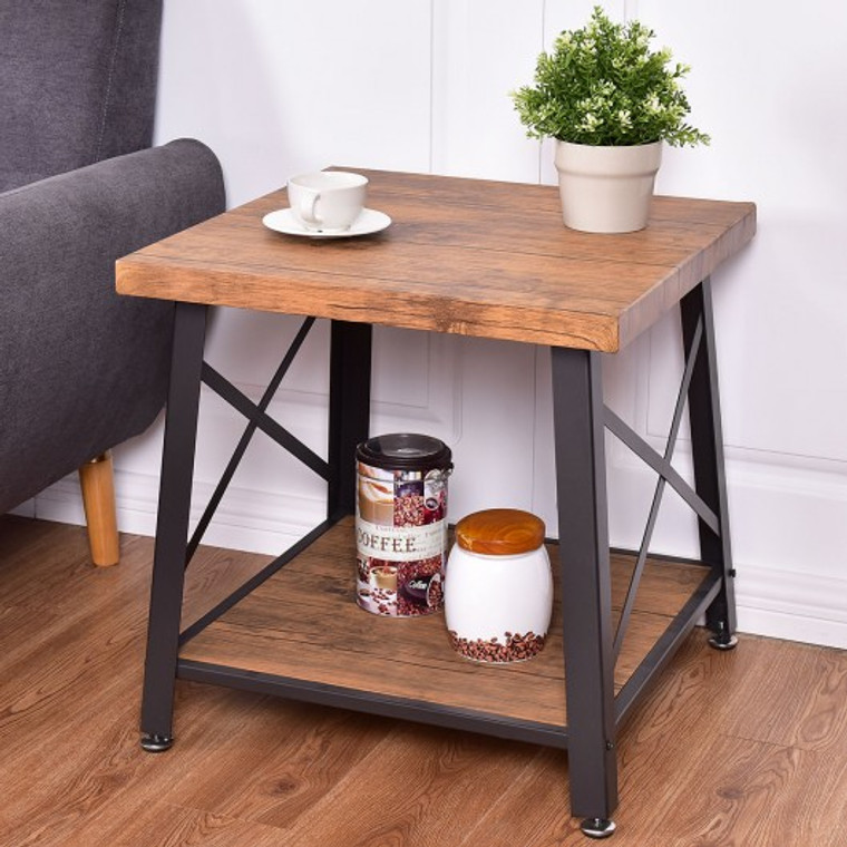 Square Metal Frame Wooden Top Coffee Table With Storage Shelf HW54328