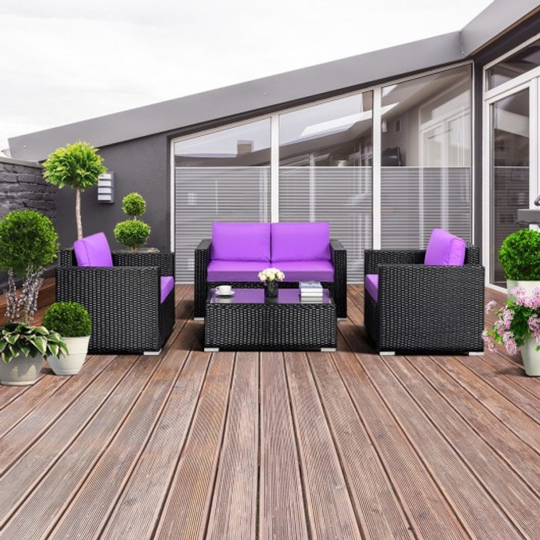 4Pc Rattan Patio Furniture Set Outdoor Wicker With Blue Cushion-Purple HW58539PU+