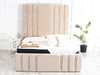 Discover the Esupasaver Beautiful Raquela Deep Storage Ottoman Bed Frame, featuring a chic Extra High headboard with stylish accent lines for a modern touch.