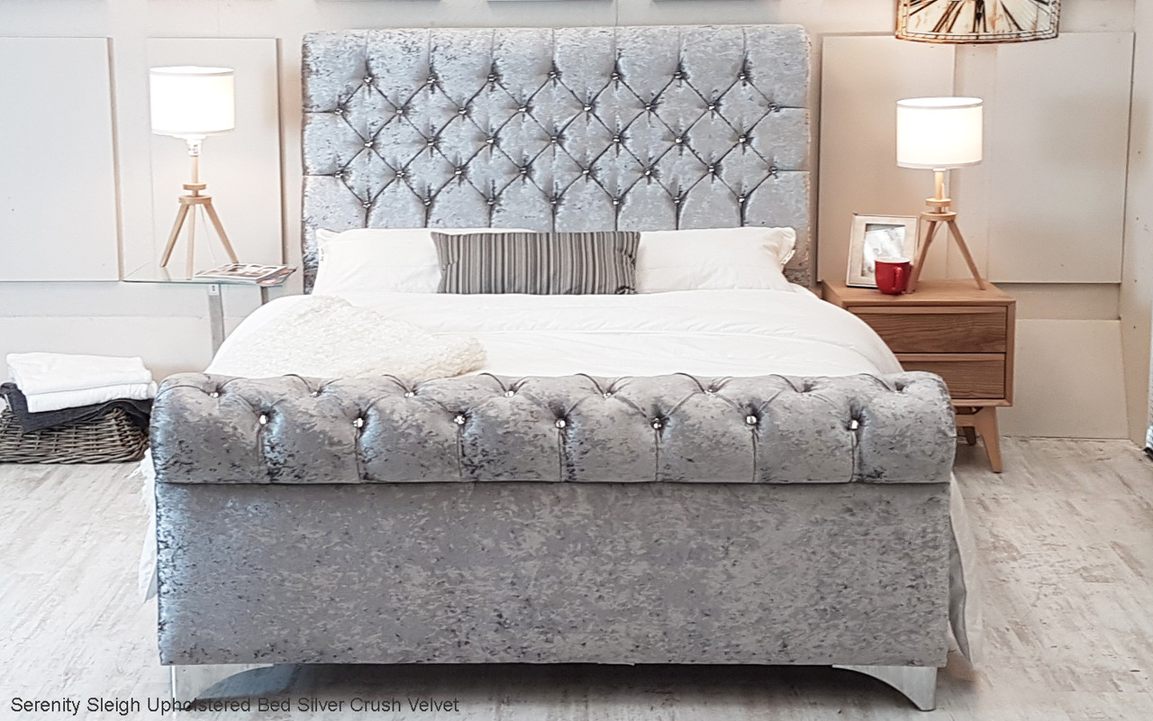 Serenity Sleigh Upholstered Bed Frame. Available in Crush Velvet, Chenille,  Linen or Faux Suede Fabrics - Esupasaver
