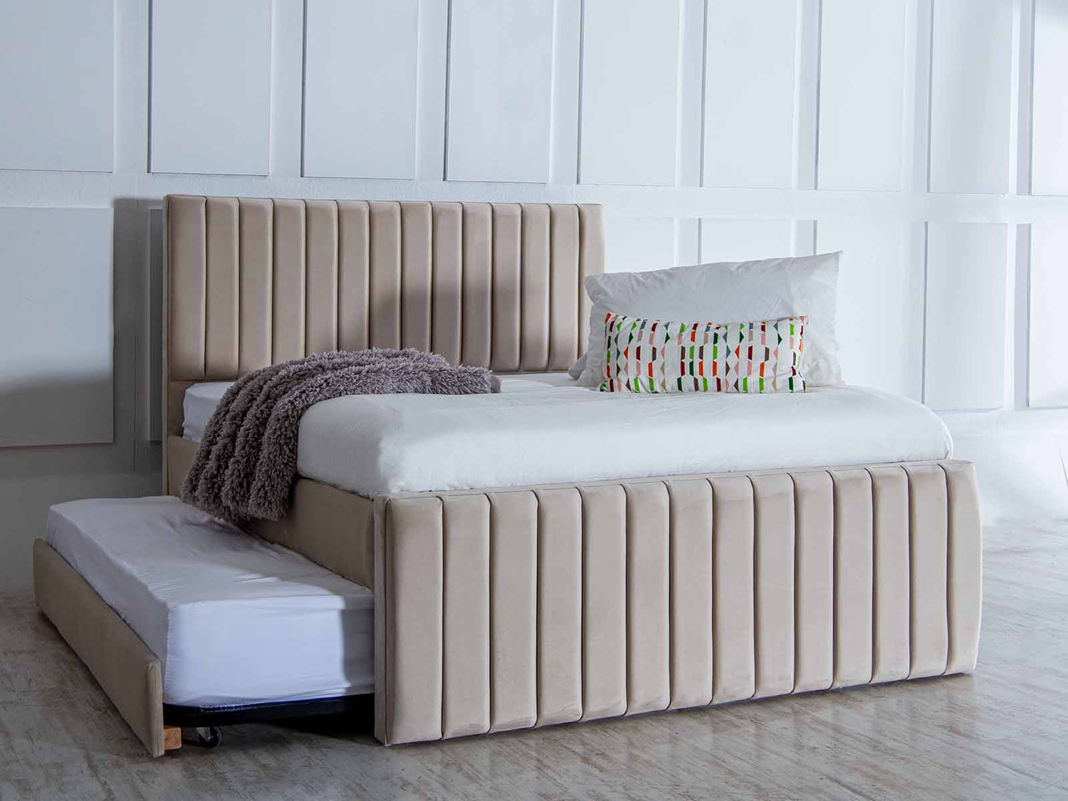 Danica Upholstered Bed Frame With Pull Out Trundle Guest Bed Available
