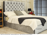 Helena gas lift ottoman bed shown in silver crush velvet fabric with diamante buttons