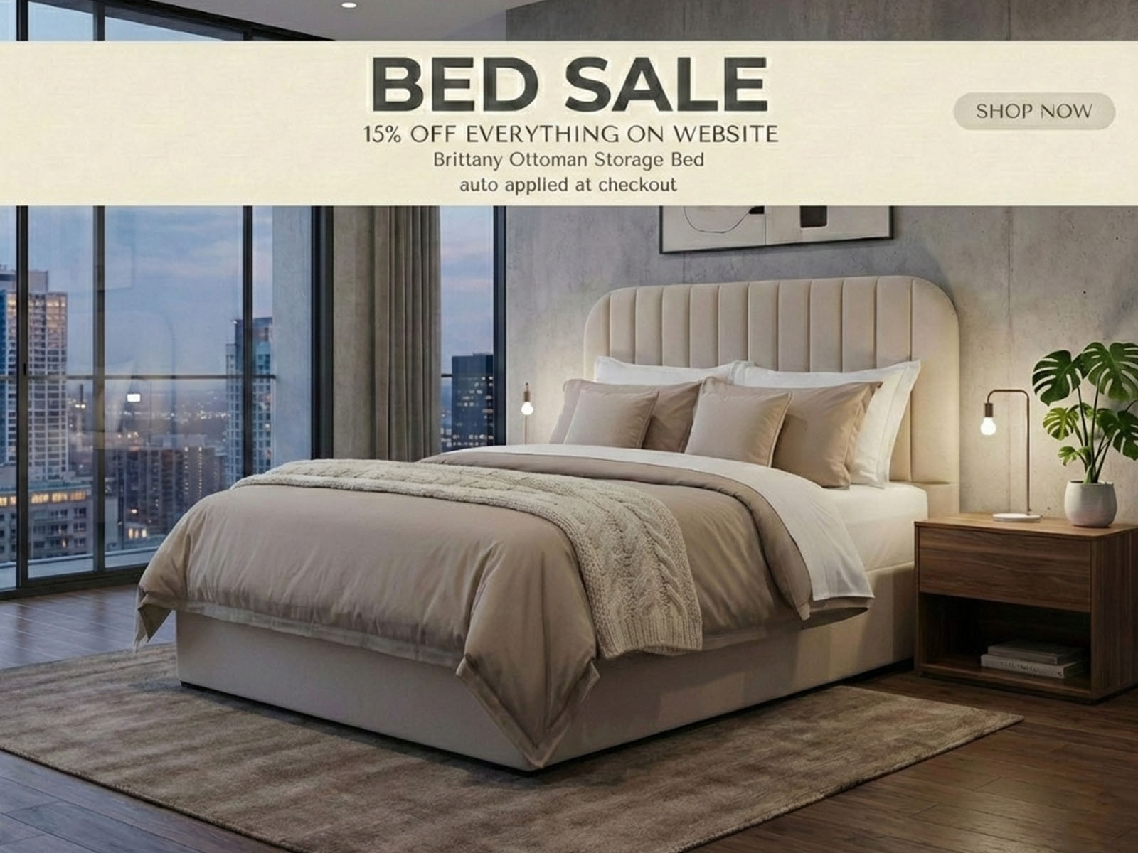 Brittany ottoman storage bed in cream velvet with curved headboard and accent lines.