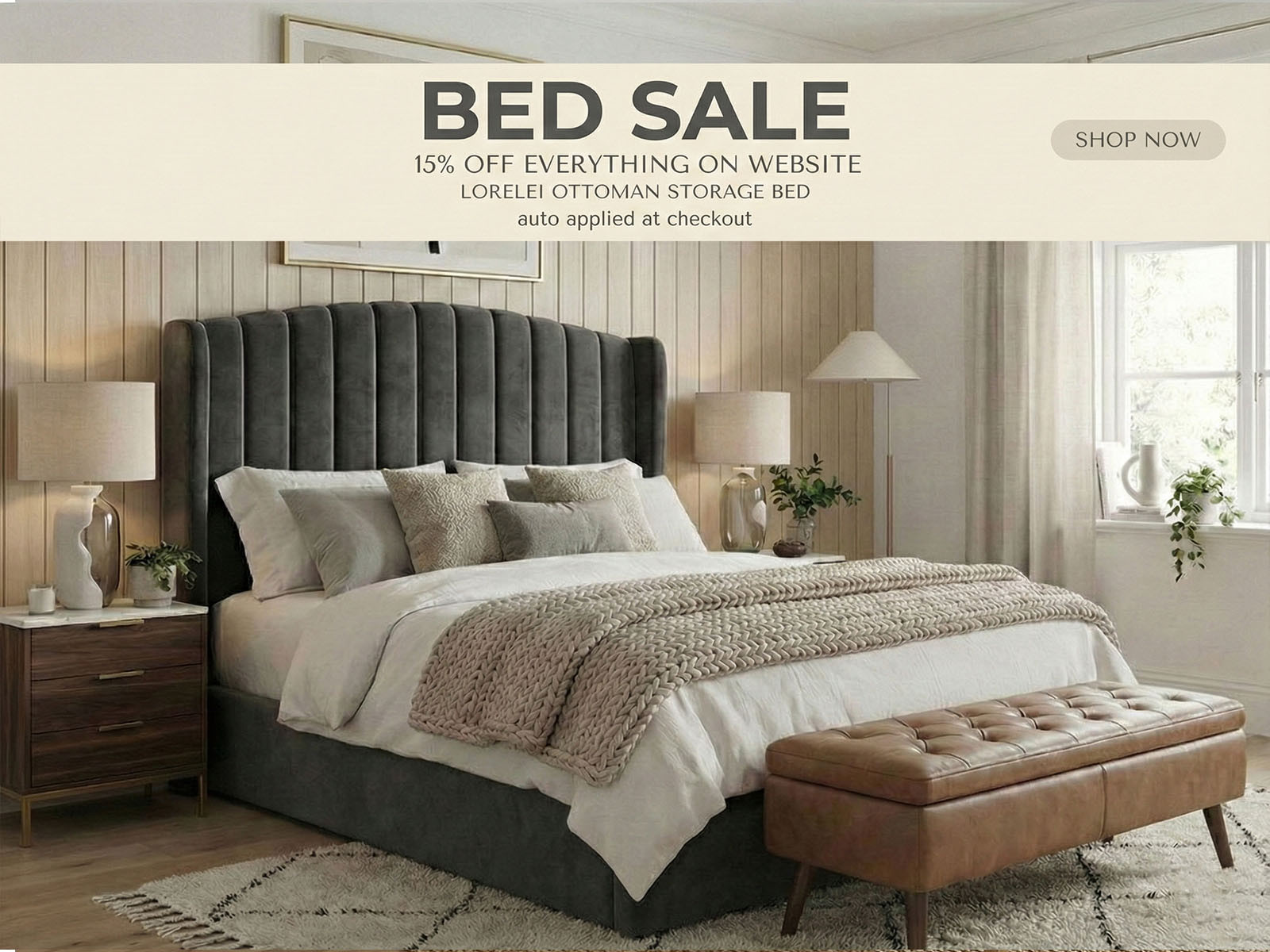 Lorelei Ottoman Storage Bed in grey velvet with a curved winged headboard and accent lines.