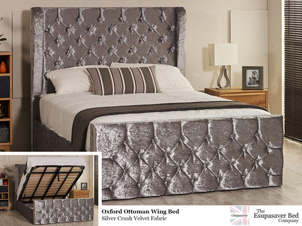 Oxford Ottoman Gas Lift Wing Bed - Headboard Height 130cm - Silver Crush Velvet - Diamante Buttons