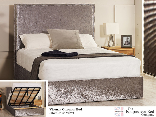 Vicenza ottoman bed shown in silver crush velvet fabric 