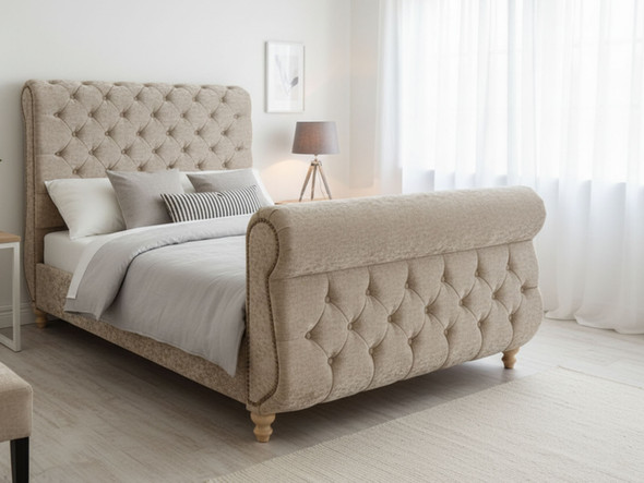 Elevate your bedroom with the Esupasaver Allure Swan Sleigh Bed, showcasing a stunning deep buttoned headboard and graceful scrolled foot end for ultimate comfort.