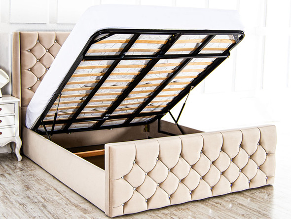 Discover the Esupasaver Cambridge Ottoman Bed, featuring ample storage, a deep buttoned headboard, and a beautifully detailed matching footboard for elegance. Discover the Esupasaver Cambridge Ottoman Bed, featuring ample storage, a deep buttoned headboard, and a beautifully detailed matching footboard for elegance.