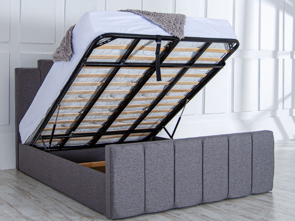 Elevate your bedroom with the Esupasaver Madison Gas Lift Ottoman Storage Bed Frame, showcasing Art Deco design and an array of premium fabric choices for every taste.