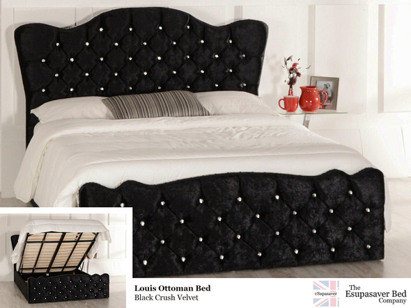 Louis Gas Lift Ottoman Bed Black Crush Velvet Diamante Buttons