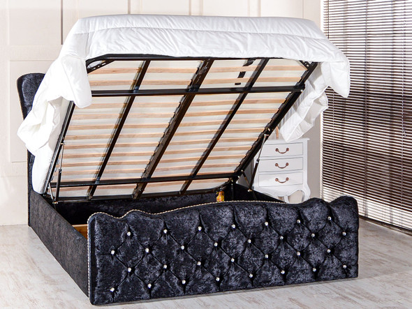 Elevate your bedroom with the Esupasaver Louis Gas Lift Ottoman Storage Bed Frame, available in exquisite fabrics and inspired by classic French design aesthetics.