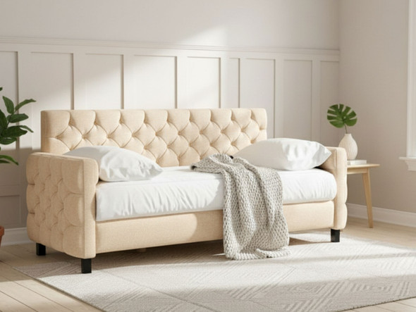 Esupasaver Isabella Upholstered Fabric Daybed, perfect for sitting, sleeping, and lounging. Featuring tufted button detail Esupasaver Isabella Upholstered Fabric Daybed, perfect for sitting, sleeping, and lounging. Featuring tufted button detail