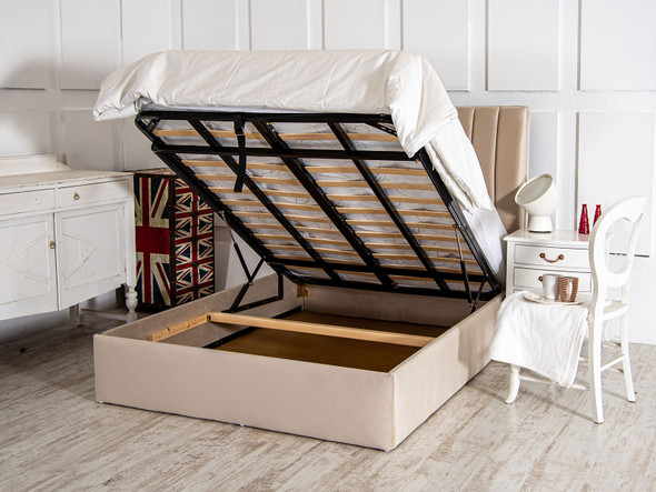 Discover the Esupasaver Annabeth Upholstered Ottoman Bed Frame, featuring stylish accent lines and a low footboard for a chic, modern bedroom upgrade.