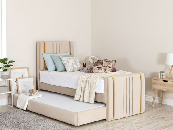 Anika Upholstered Bed Frame With Pull Out Trundle Guest Bed Cream Pale Smooth Velvet Anika Upholstered Bed Frame With Pull Out Trundle Guest Bed Cream Pale Smooth Velvet