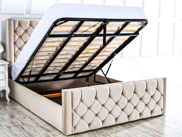 Elevate your bedroom with the Esupasaver Violet Ottoman Bed, showcasing a deep buttoned wing headboard and generous storage space for a perfect blend of style and function Elevate your bedroom with the Esupasaver Violet Ottoman Bed, showcasing a deep buttoned wing headboard and generous storage space for a perfect blend of style and function