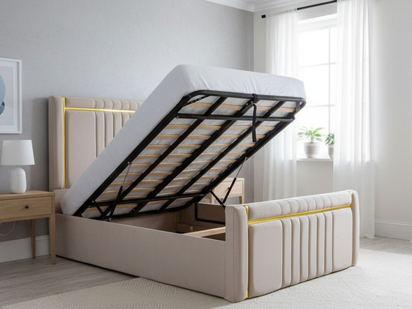 Elevate your bedroom with the Esupasaver Hazle Ottoman Bed, designed with deep storage and stunning gold accents for a perfect blend of style and functionality. Elevate your bedroom with the Esupasaver Hazle Ottoman Bed, designed with deep storage and stunning gold accents for a perfect blend of style and functionality.