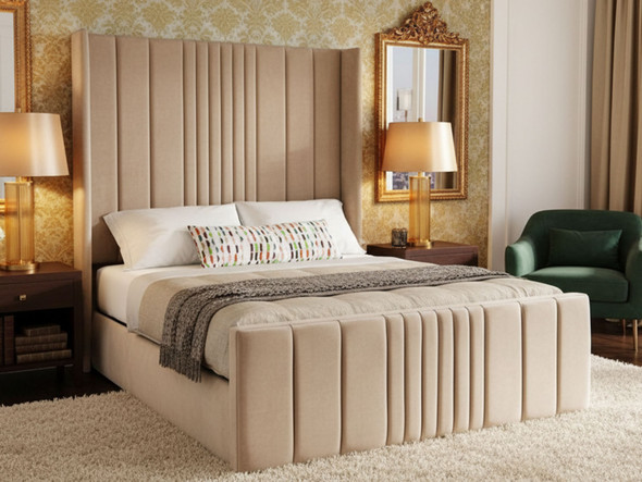 Esupasaver Ellie Gas Lift Ottoman Bed, featuring a tall headboard, deep accent lines, and a matching high footboard Esupasaver Ellie Gas Lift Ottoman Bed, featuring a tall headboard, deep accent lines, and a matching high footboard