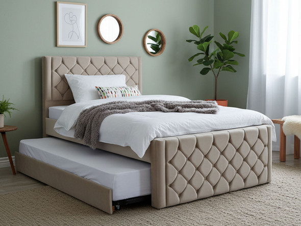 Layla upholstered bed with pull out trundle guest bed pale cream smooth velvet Layla upholstered bed with pull out trundle guest bed pale cream smooth velvet
