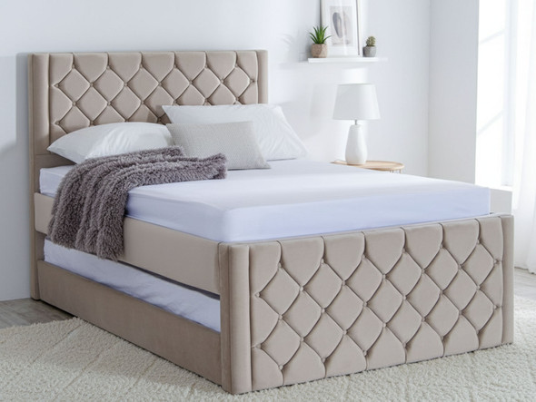 Layla upholstered bed with pull out trundle guest bed pale cream smooth velvet Layla upholstered bed with pull out trundle guest bed pale cream smooth velvet