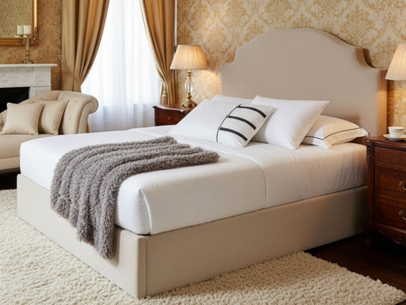 Esupasaver Leah Ottoman Storage Fabric Bed Frame, featuring a stylish curved, French-inspired headboard Design Esupasaver Leah Ottoman Storage Fabric Bed Frame, featuring a stylish curved, French-inspired headboard Design