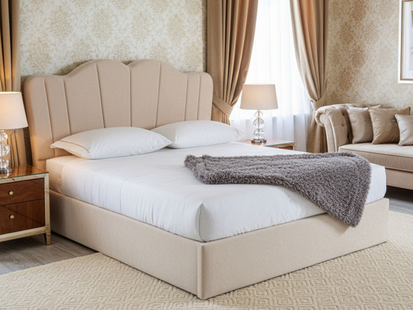 Esupasaver Anastacia Ottoman Storage Fabric Bed Frame, featuring a stylish curved, French-inspired headboard Design Esupasaver Anastacia Ottoman Storage Fabric Bed Frame, featuring a stylish curved, French-inspired headboard Design