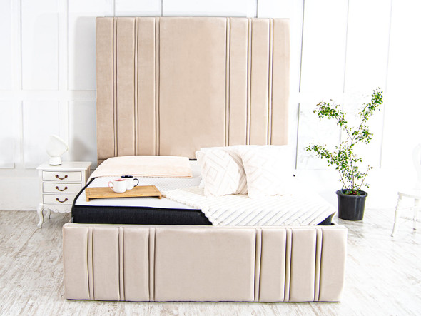 Discover the Esupasaver Beautiful Raquela Deep Storage Ottoman Bed Frame, featuring a chic Extra High headboard with stylish accent lines for a modern touch.