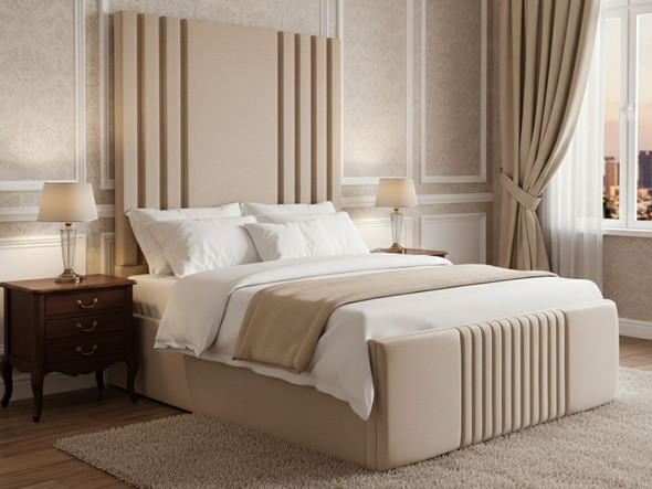 Esupasaver Verity ottoman bed featuring an extra high headboard and deep accent lines Esupasaver Verity ottoman bed featuring an extra high headboard and deep accent lines