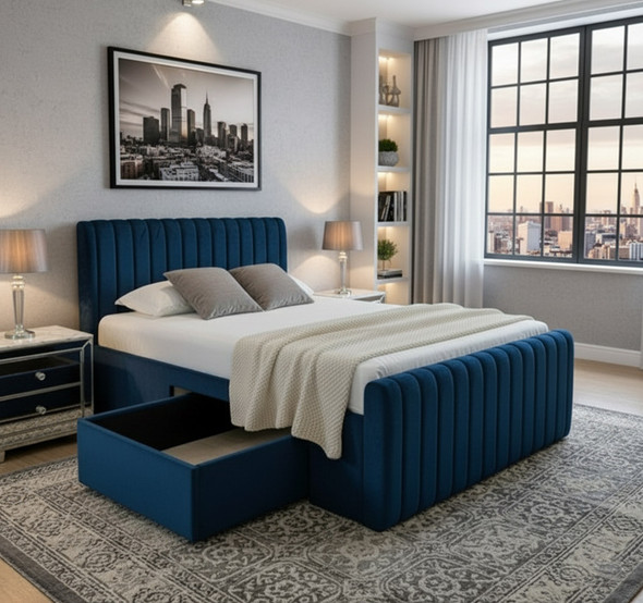 Elevate your bedroom with the Esupasaver Iris Upholstered Bed Frame, designed with chic accent lines and a practical jumbo side drawer for extra storage. Elevate your bedroom with the Esupasaver Iris Upholstered Bed Frame, designed with chic accent lines and a practical jumbo side drawer for extra storage.
