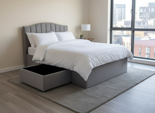 Elevate your bedroom with the Esupasaver Iris Upholstered Bed Frame, designed with chic accent lines and a practical jumbo side drawer for extra storage. Elevate your bedroom with the Esupasaver Iris Upholstered Bed Frame, designed with chic accent lines and a practical jumbo side drawer for extra storage.