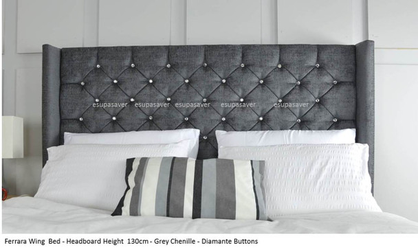 Ferrara upholstered bed shown in grey chenille fabric, chrome feet, and diamante buttons.