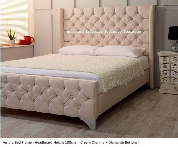 Ferrara upholstered bed shown in cream chenille fabric, chrome feet, and diamante buttons.