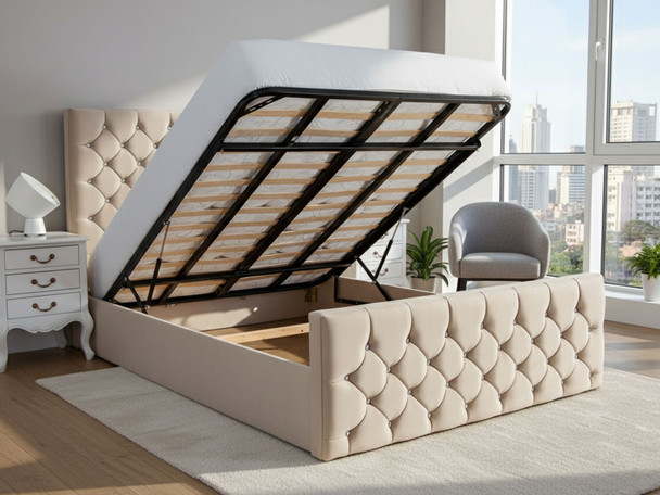 Elevate your space with the Ella Gas Lift Ottoman Bed Frame. Featuring a chic deep buttoned design and ample storage, it's perfect for any bedroom!