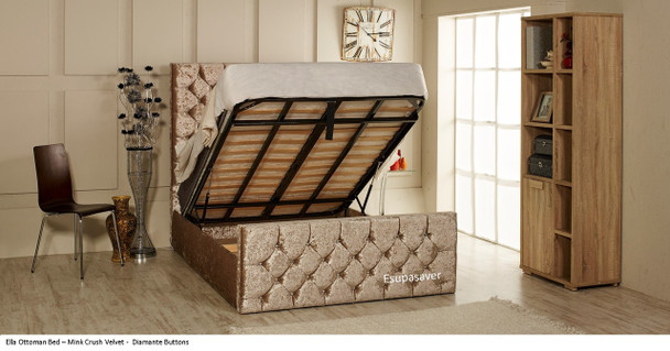 Ella ottoman bed shown in mink crush velvet fabric with diamante buttons